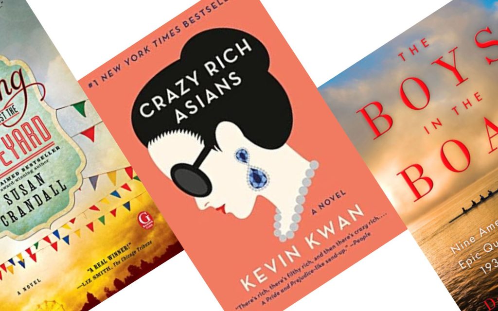 Three tilted book covers with Crazy Rich Asians in the Center