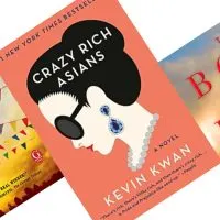 Three tilted book covers with Crazy Rich Asians in the Center