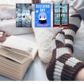 Cozy bed with socks and covers of books set in winter