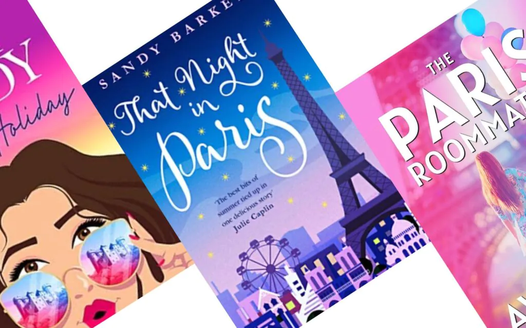 Three angled book covers with That Night in Paris in the center