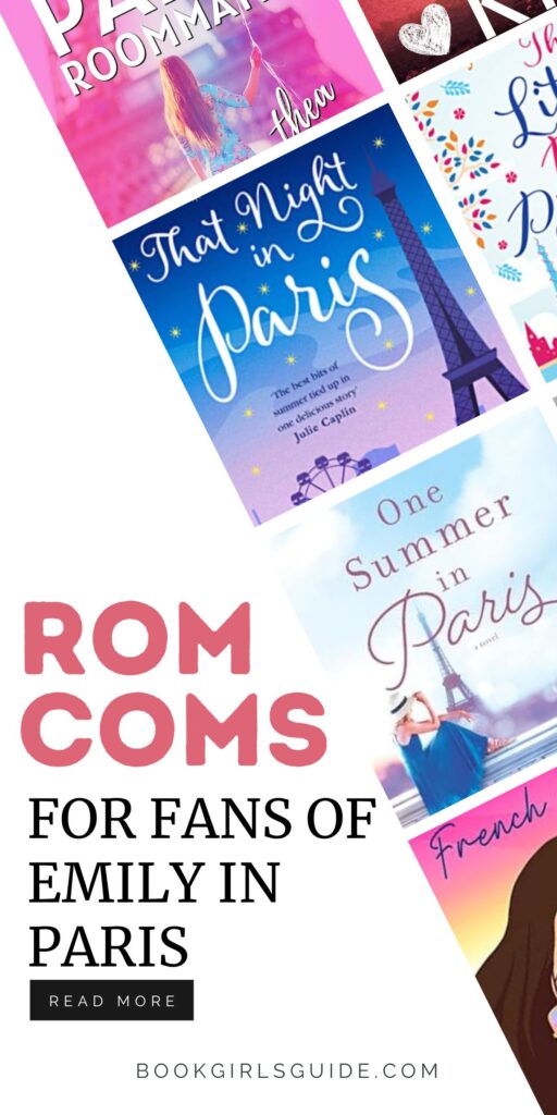 Angeled book covers with text that reads Rom Coms for Fans of Emily in Paris