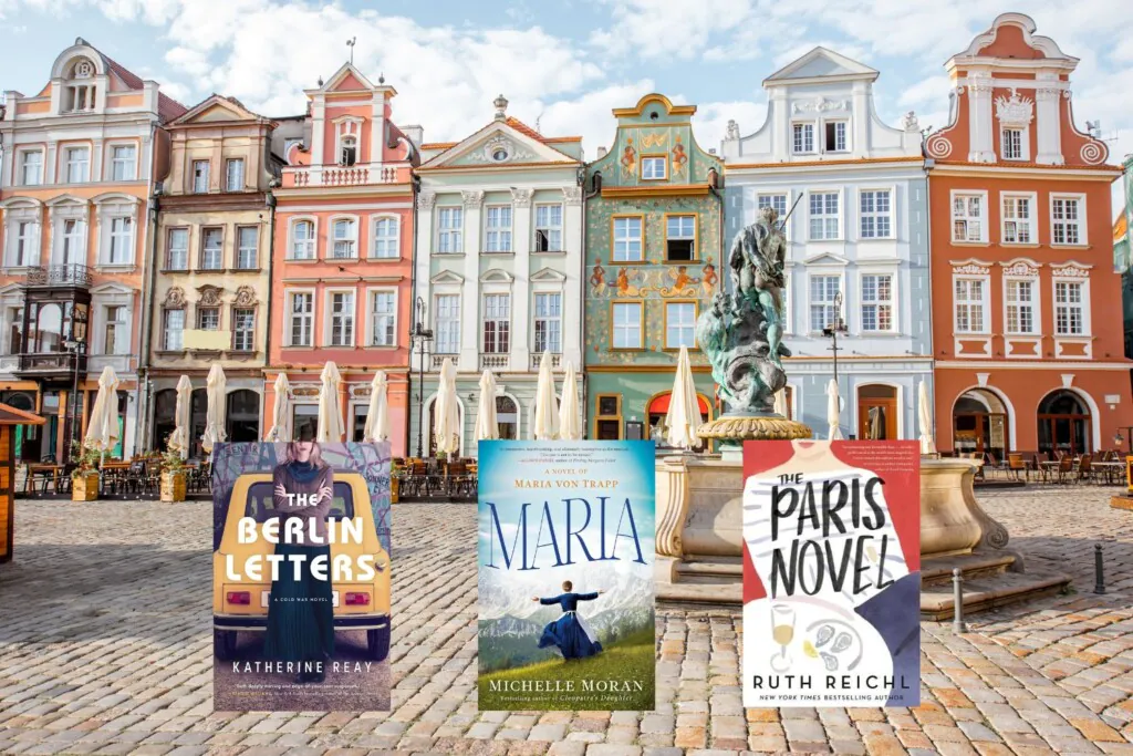 European architecture photo with three book covers on top