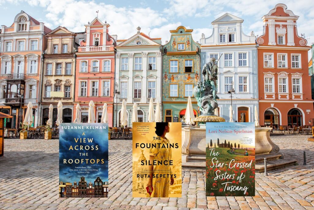 European architecture photo with three book covers on top