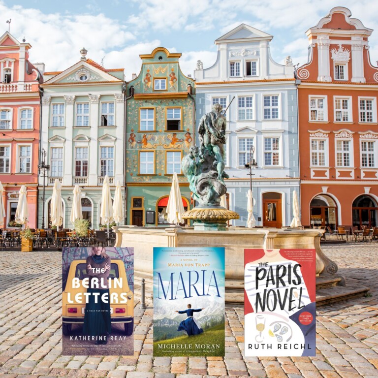 European architecture photo with three book covers on top