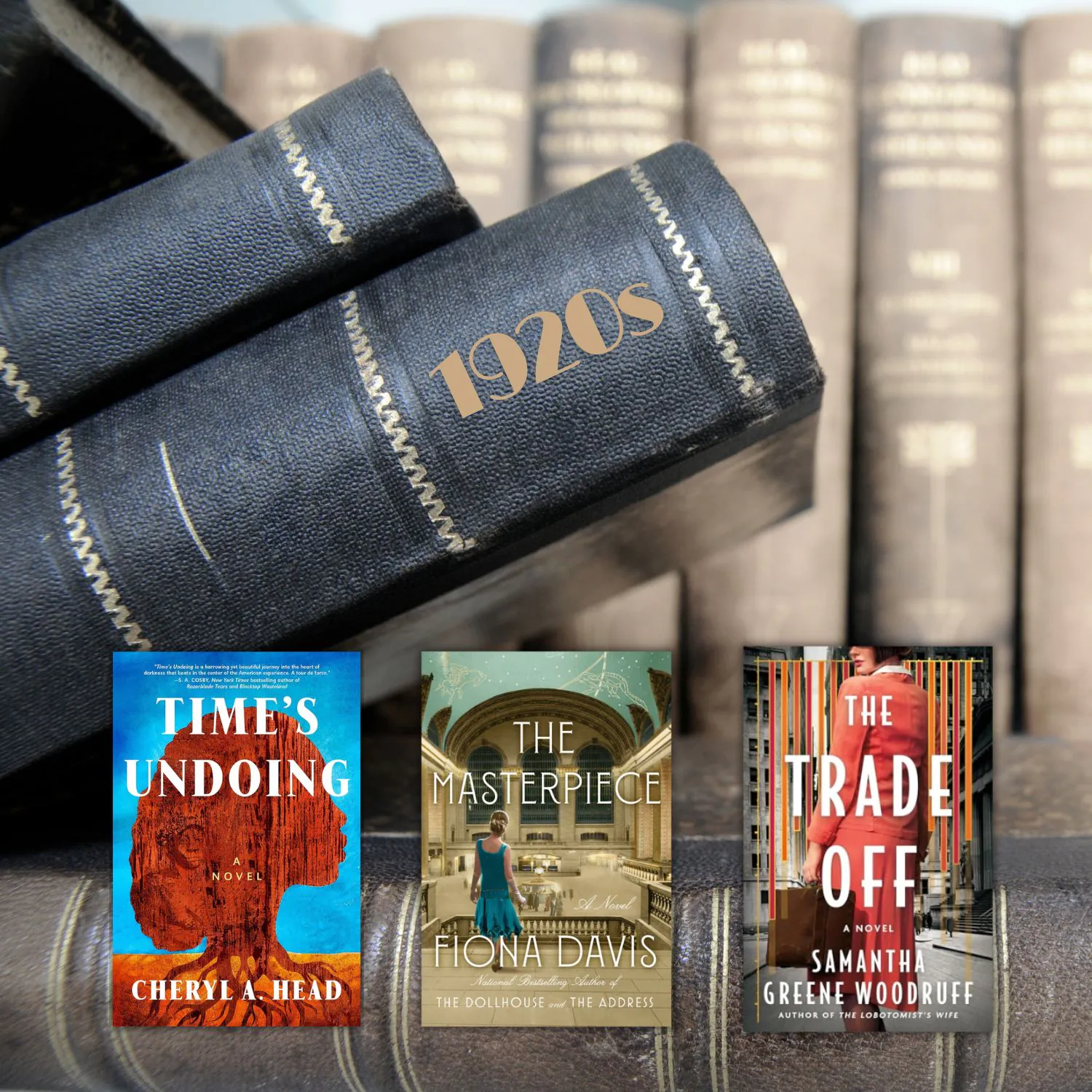 three books covers in front of old leather books titled 1920s