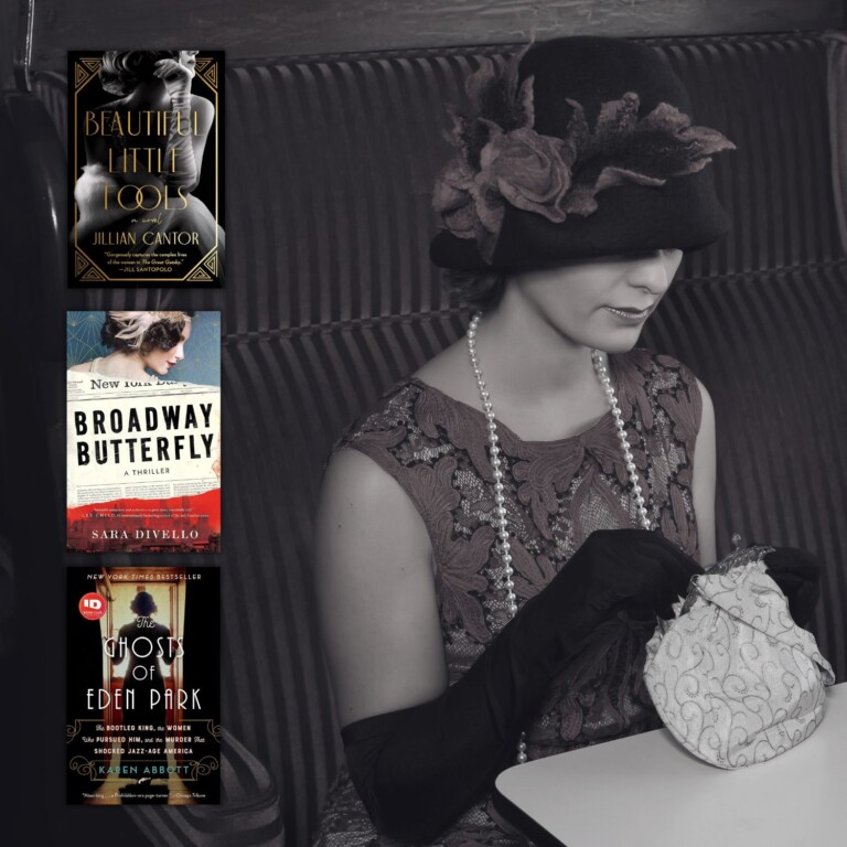 black and white photo of woman in 1920s attire sitting in a booth