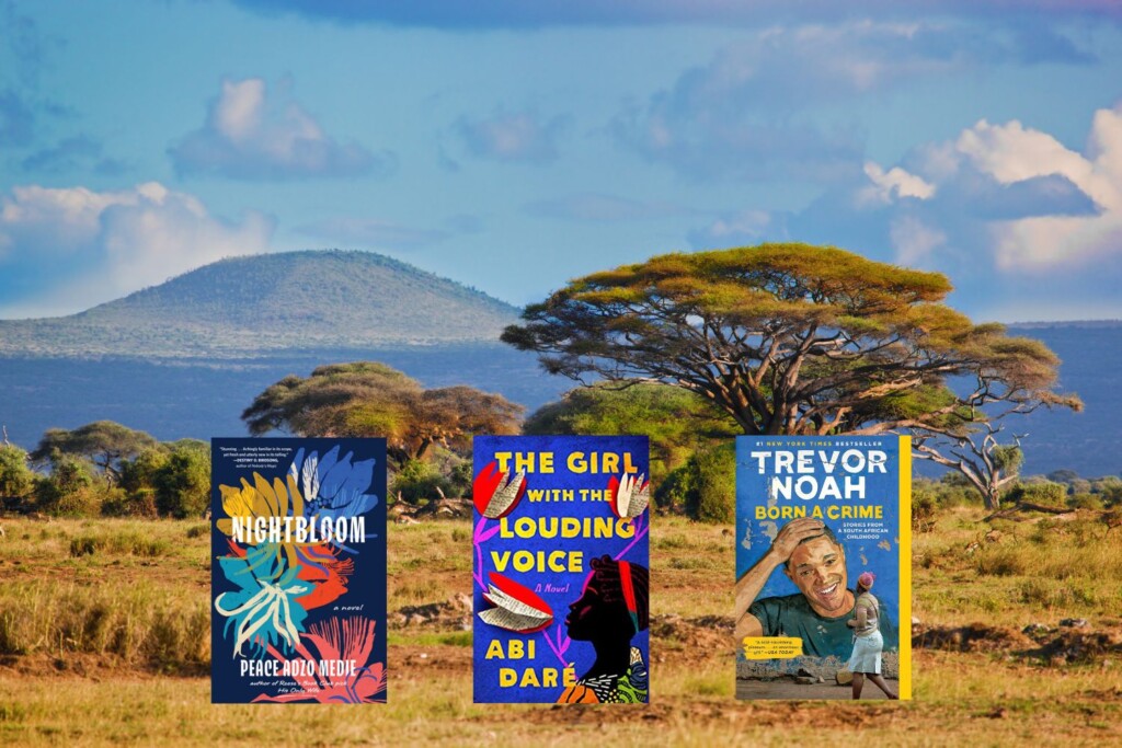 African savannah photo with three book covers on top