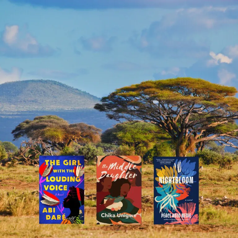 African savannah photo with three book covers on top