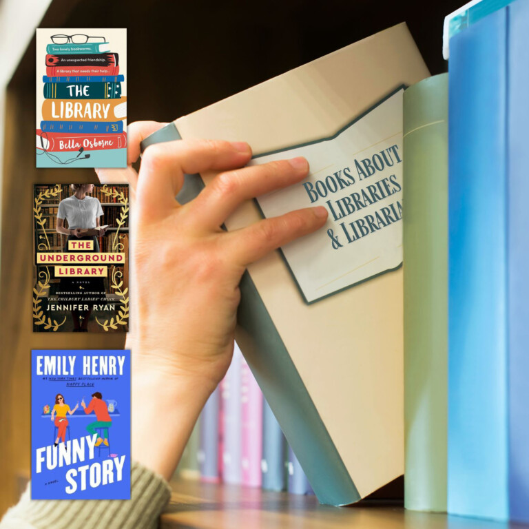 handing pulling book off shelf with the title Books About Libraries & Librarians