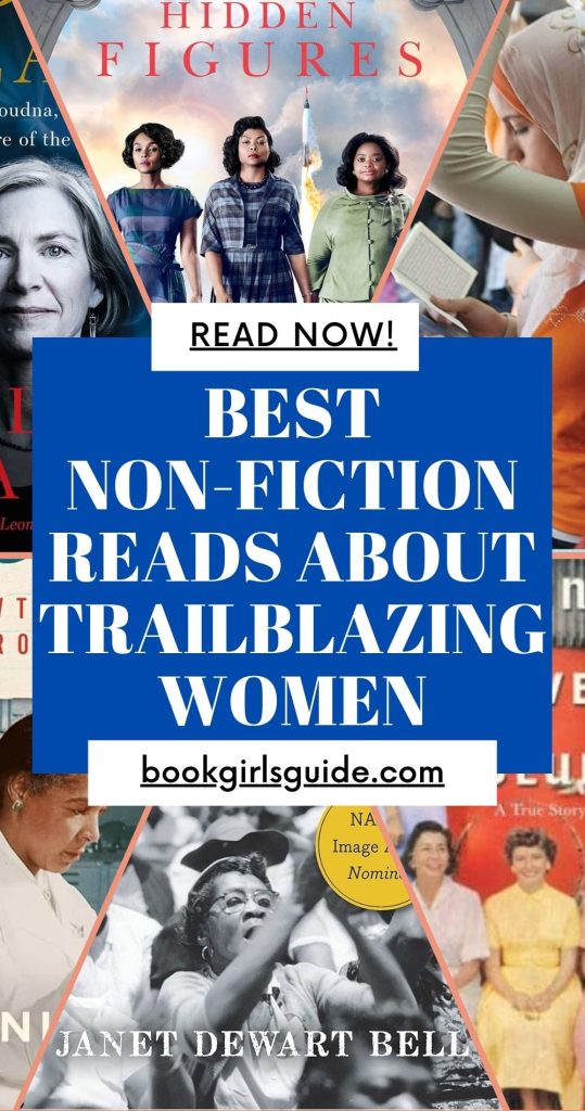 Diamond slices of book covers with a blue box filled with white text reading "best non-fiction reads about trailblazing women"