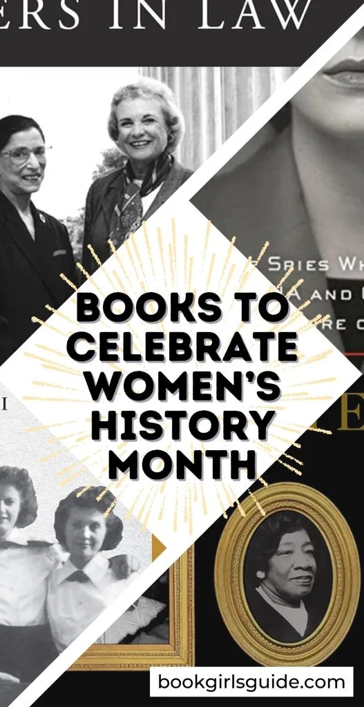 White square turned 45 degrees with black text reading Books to Celebrate Women's History Month