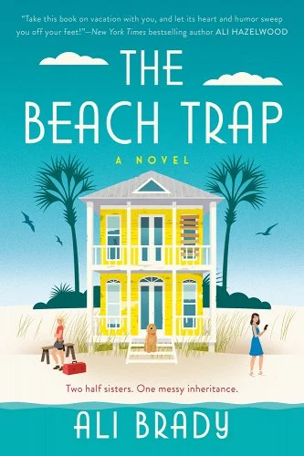 illustrated book cover with yellow house on a beach.
