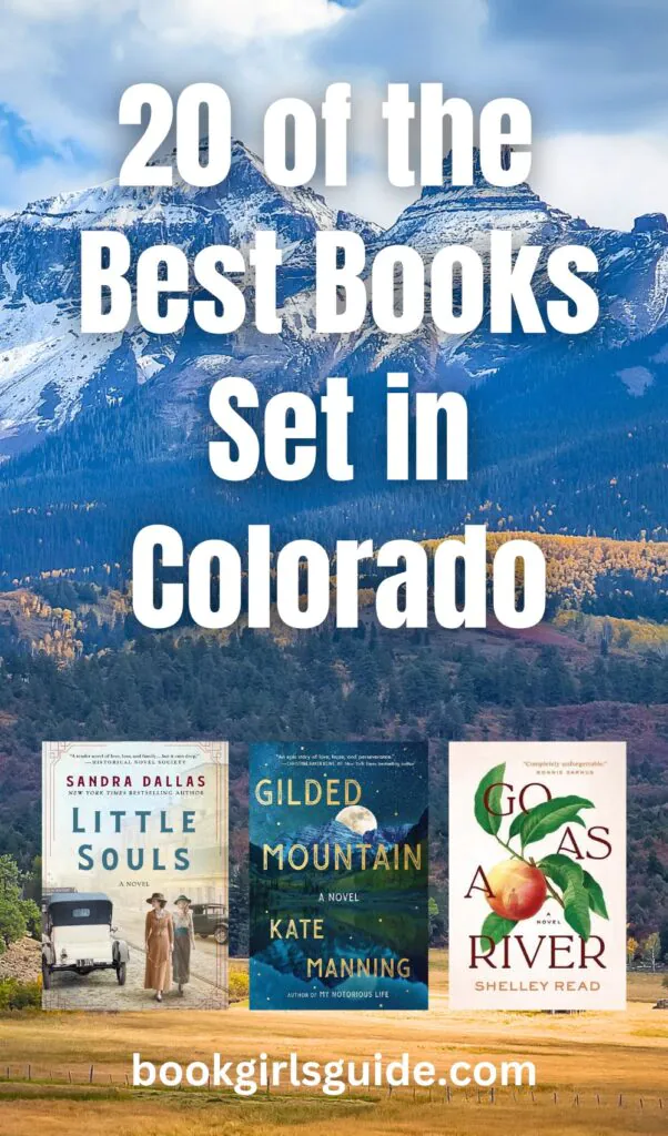 Photo of Colorado Mountains overlaid with three book covers and text reading "20 of the best books set in Colorado"