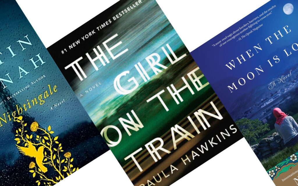 three tilted book covers with Girl on the Train in the middle.