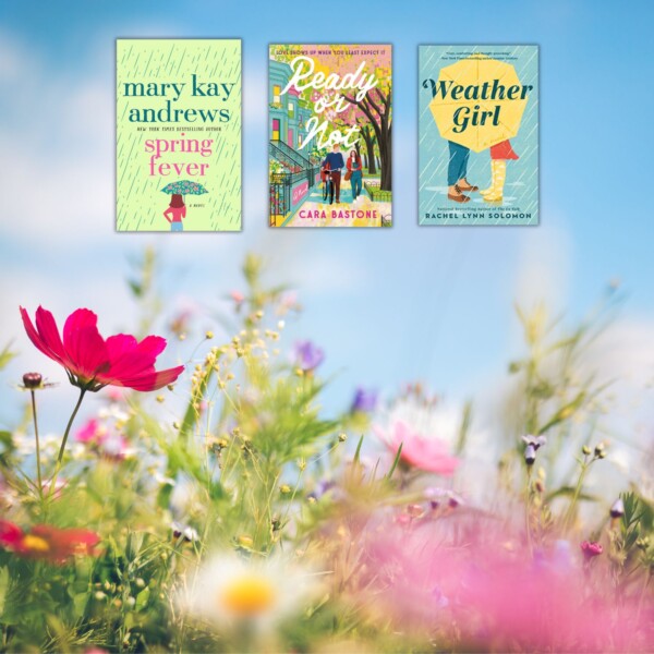 Closeup photo of wild flowers against a blue sky with three covers of books set in the spring