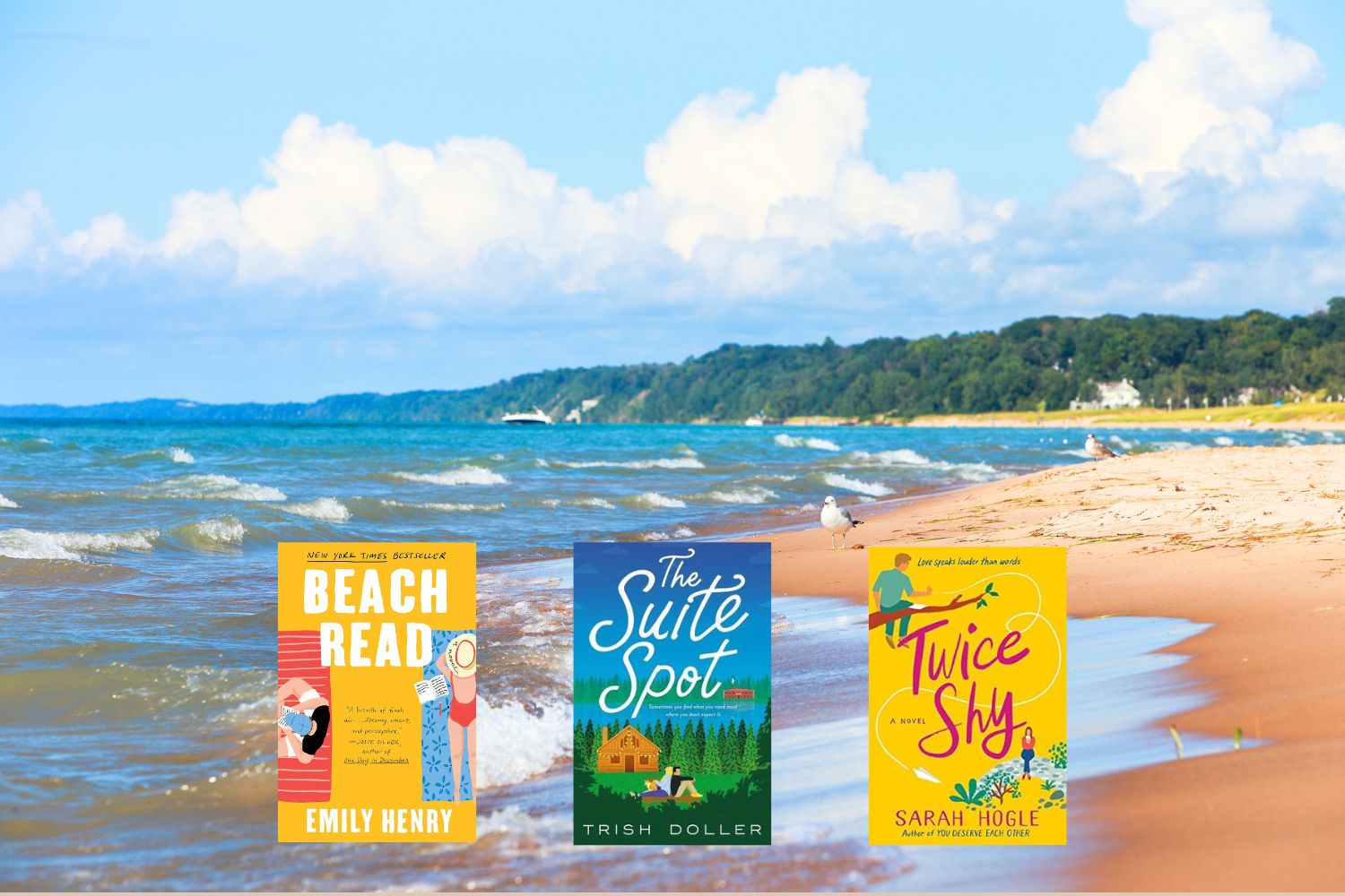Three book covers in front of a beach scene