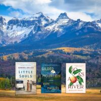 Photo of Colorado Mountains overlaid with three book covers
