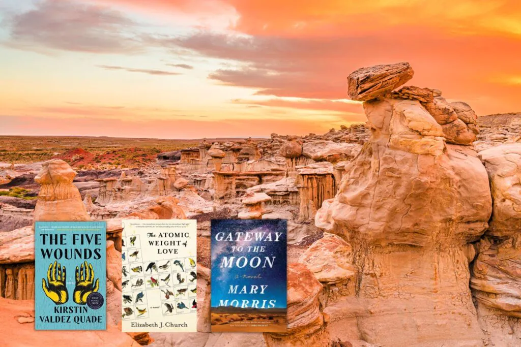 Image of orange rocks and skies of Bisti park in New Mexico with three book covers