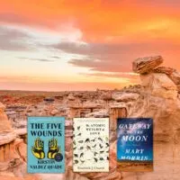 Image of orange rocks and skies of Bisti park in New Mexico with three book covers