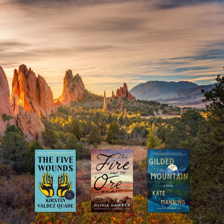 Photo of red rock formations and mountains overlaid with three book covers of books set in the American southwest mountain states