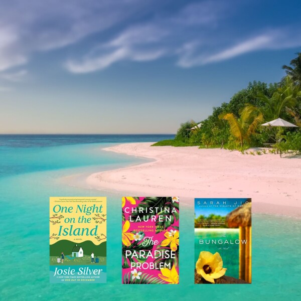 Tropical island photo with three book covers on top