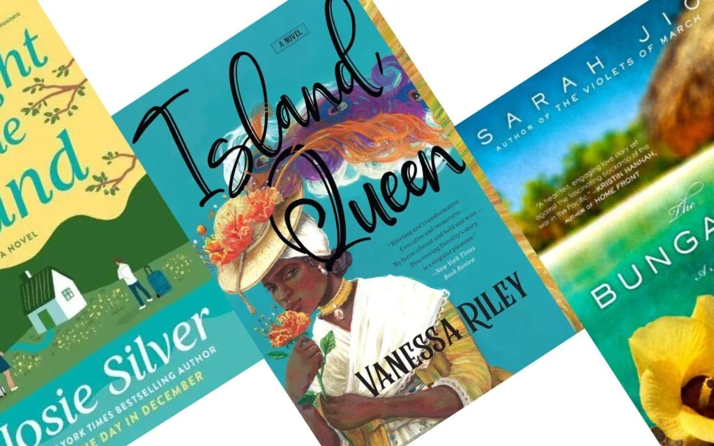 Three angled book covers of books set on islands with Island Queen in the center