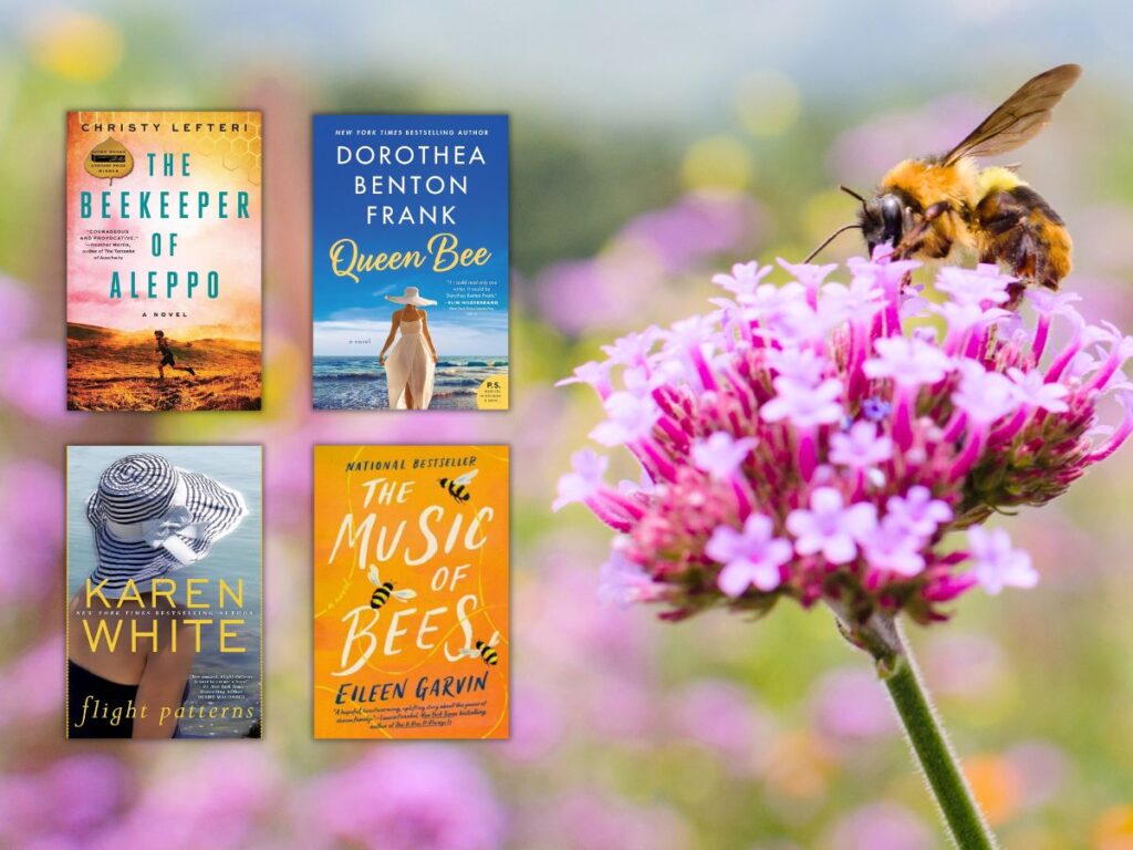 bees on a purple flower with four book covers overlayed.