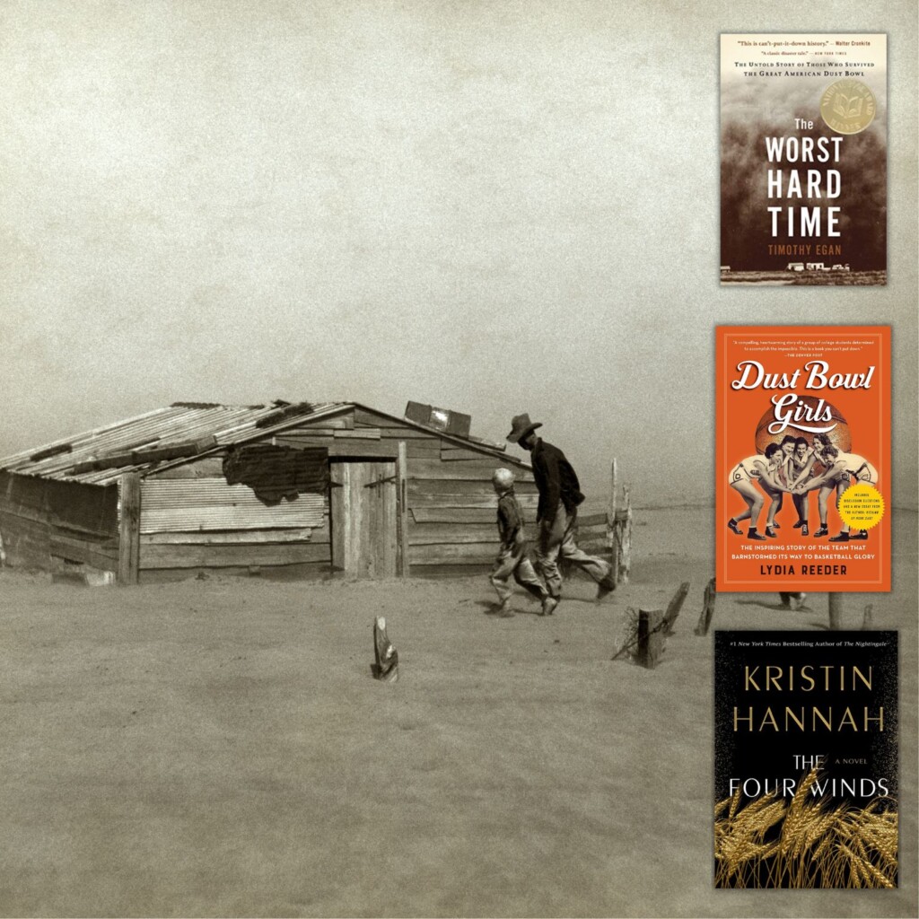 Black and white image of family outside wood dust covered home in dust bowl with three books overlayed