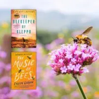 bees on a purple flower with two book covers overlayed.