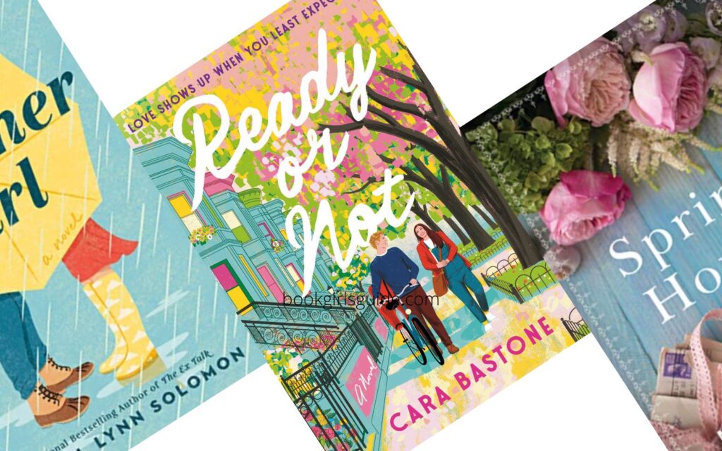 Three angled book covers of books with spring vibes with Ready or Not in the center