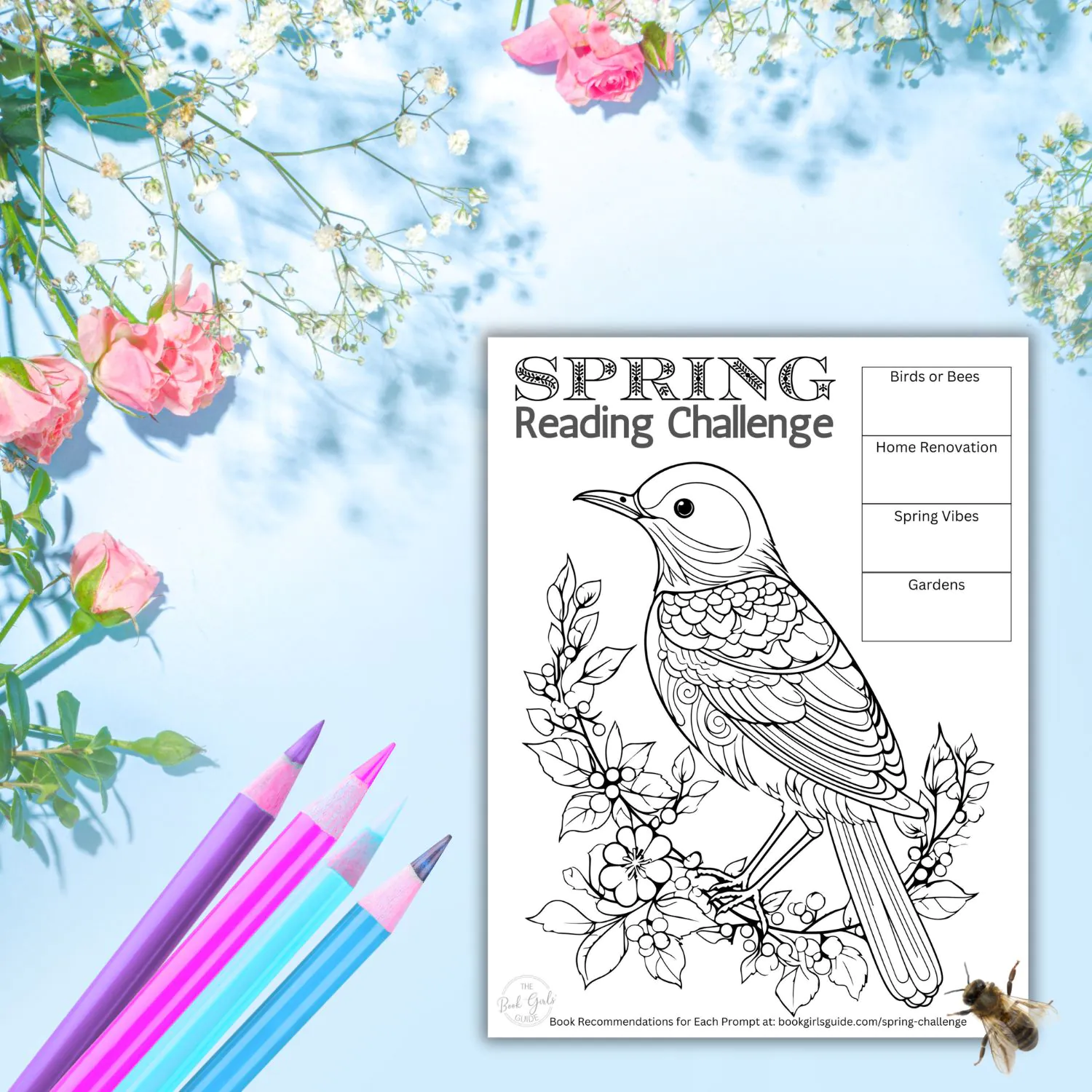 Flowers on blue background surrounding coloring page with bird