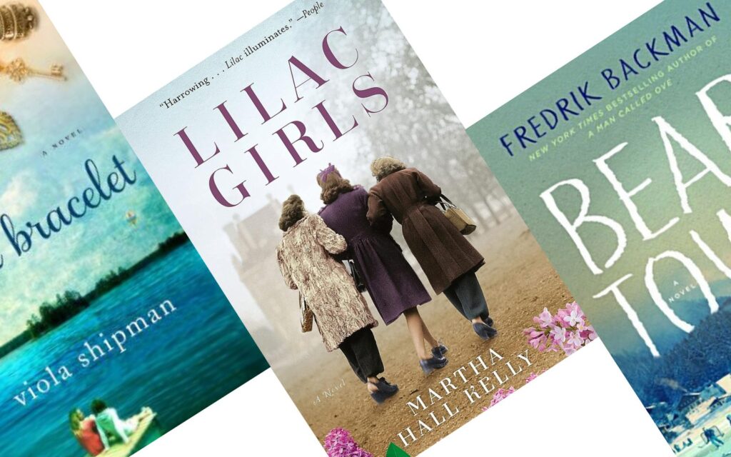 three tilted book covers with Lilac Girls in the middle