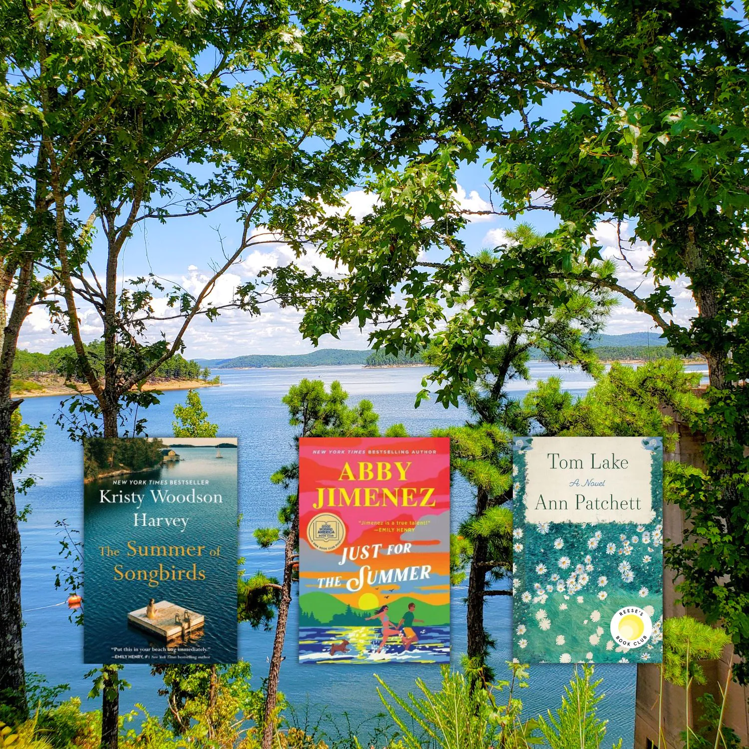 Three book covers or novels set at lakes overlayed on an image of a tranquil lake