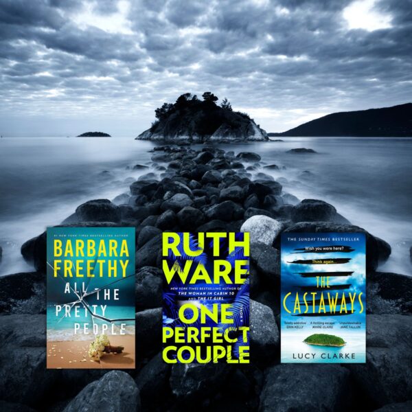 dark photo of rocks and water leading to island in the distance with three book covers overlaid