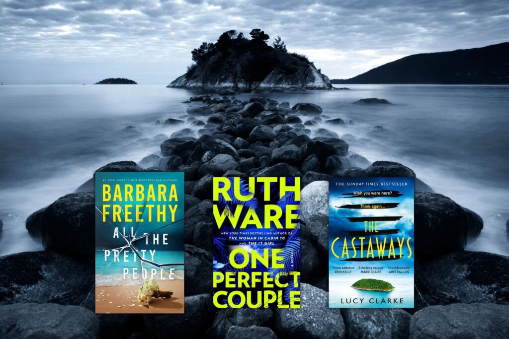 dark photo of rocks and water leading to island in the distance with three book covers overlaid