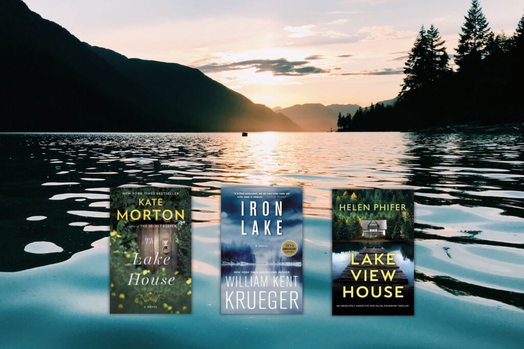 image of a lake at dusk with three book covers overlayed