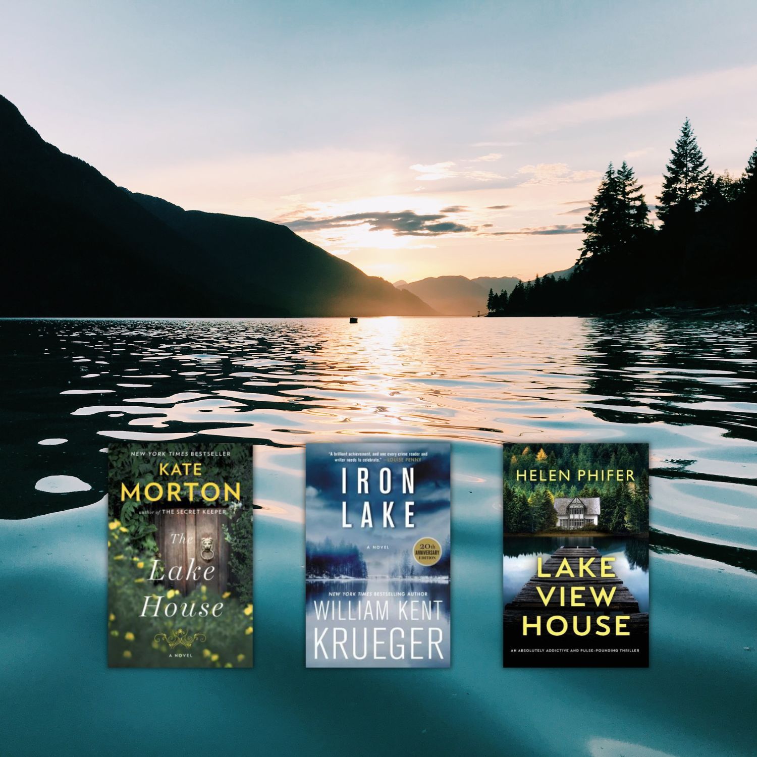image of a lake at dusk with three book covers overlayed