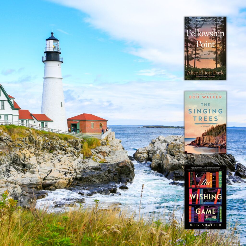 Lighthouse on rocky coast with 3 book covers