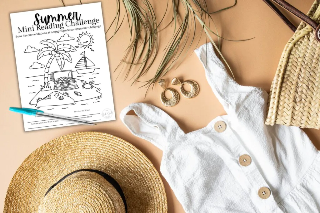 Flaylay of neutral dress and hat for summer with summer reading challenge printable showing