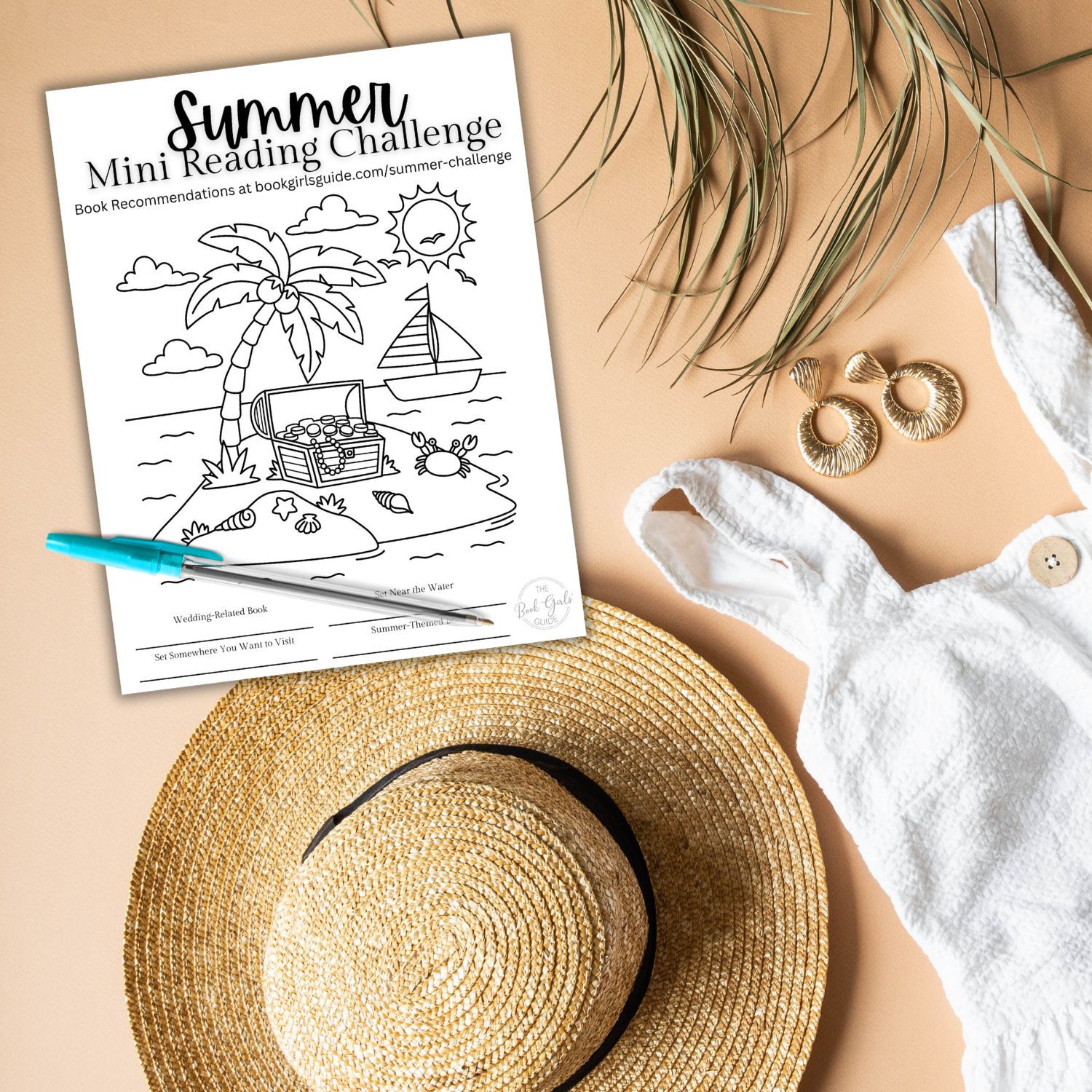 Flaylay of neutral dress and hat for summer with summer reading challenge printable showing
