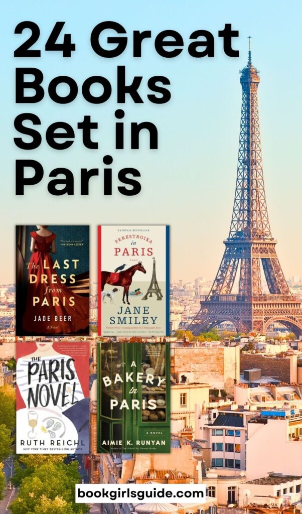 Wide view of the Eiffel Tower with 4 books overlaid