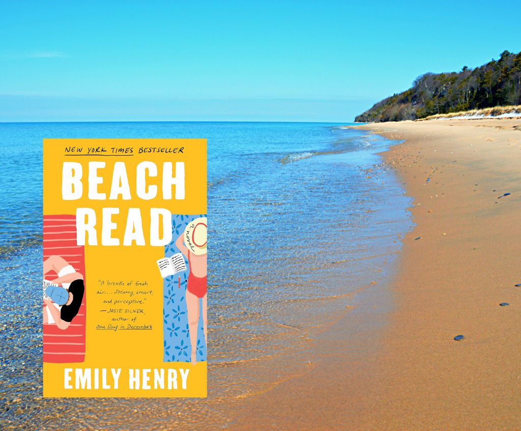 Beach Read book cover overlayed on photo of a Lake Michigan beach
