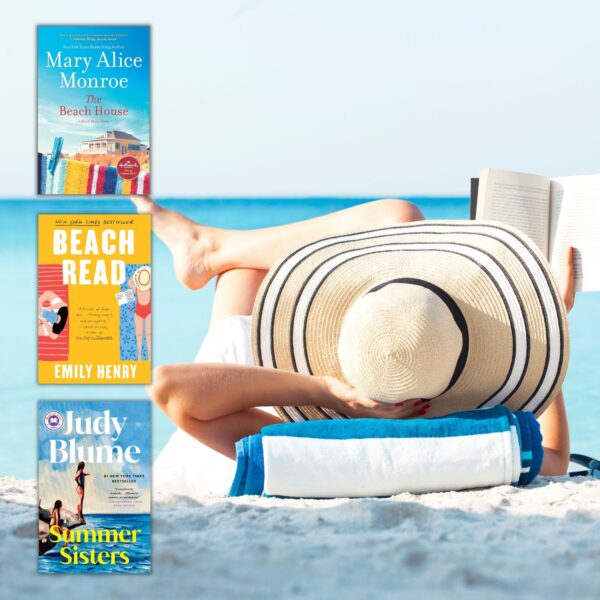 Photo of a woman in a sun hat reading on the beach with three beach read book covers