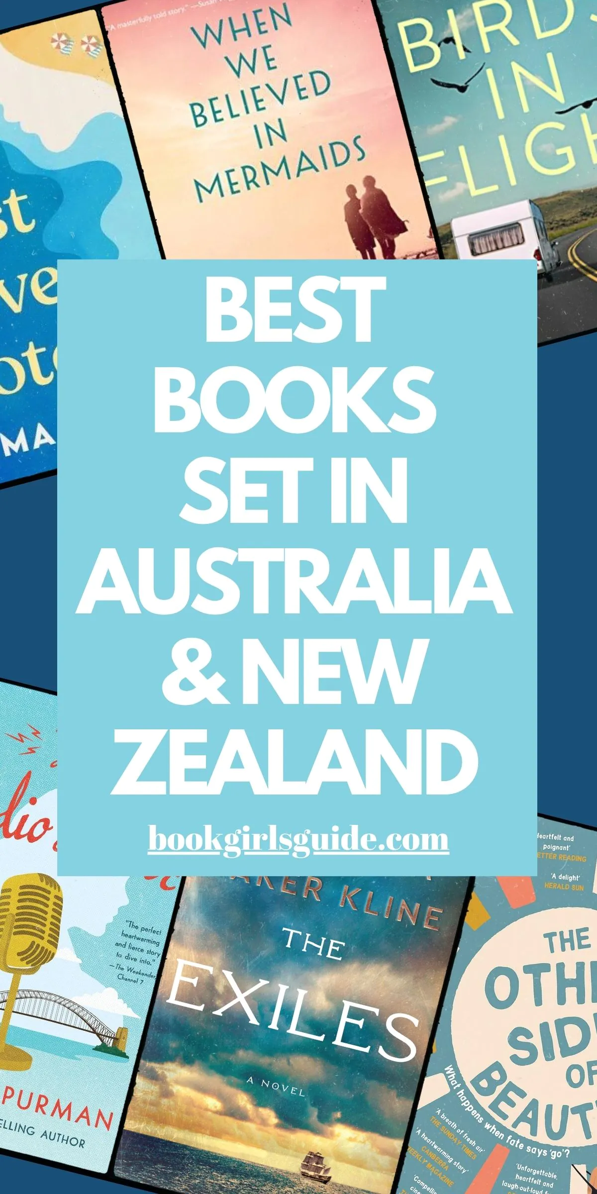 six angled book covers with a blue box in the center that reads Best Books Set in Australia & New Zealand