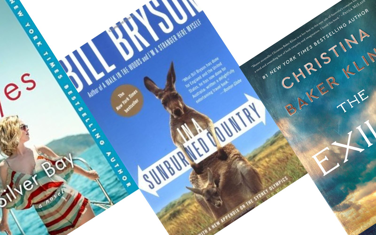 Three angled book covers of books set in Australia with In a Sunburned Country in the middle