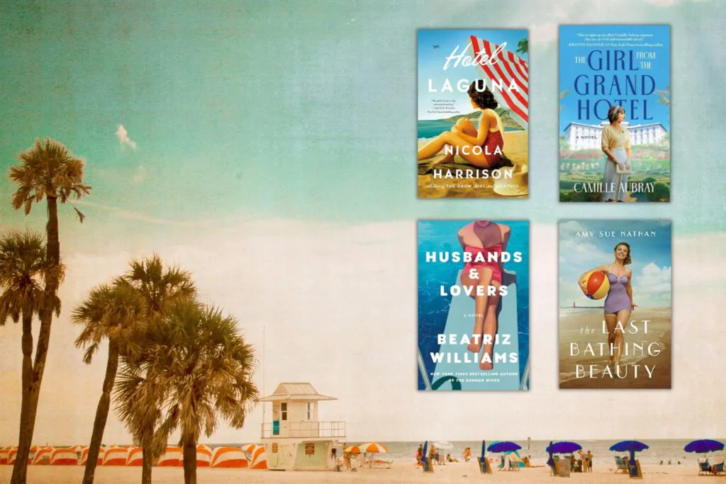 Vintage beach scene with 4 book covers