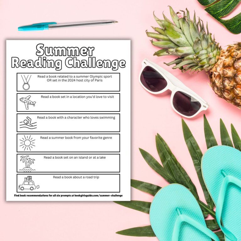 pink background with flip flops, pineapple, and a printable of the summer reading challenge prompts