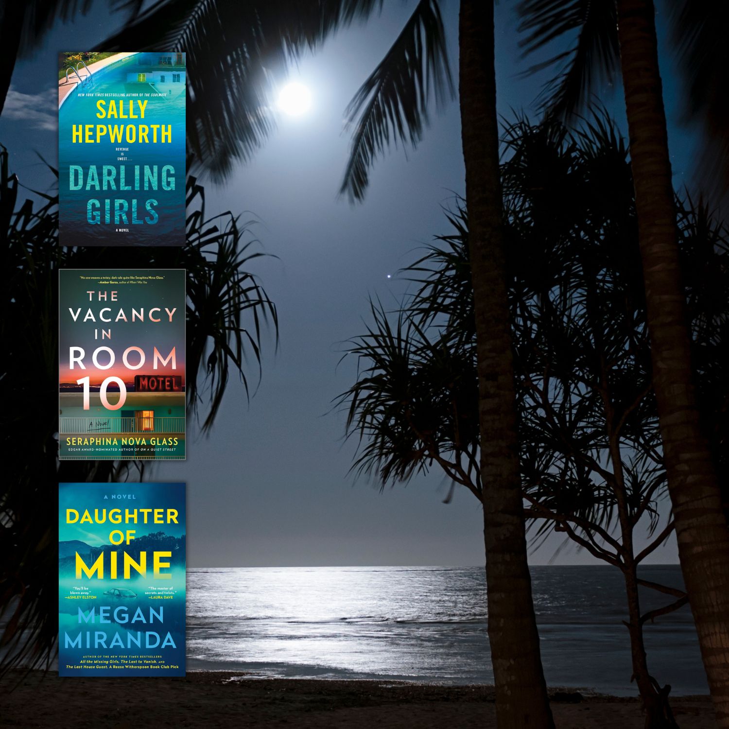 Dark beach with palm trees and ocean