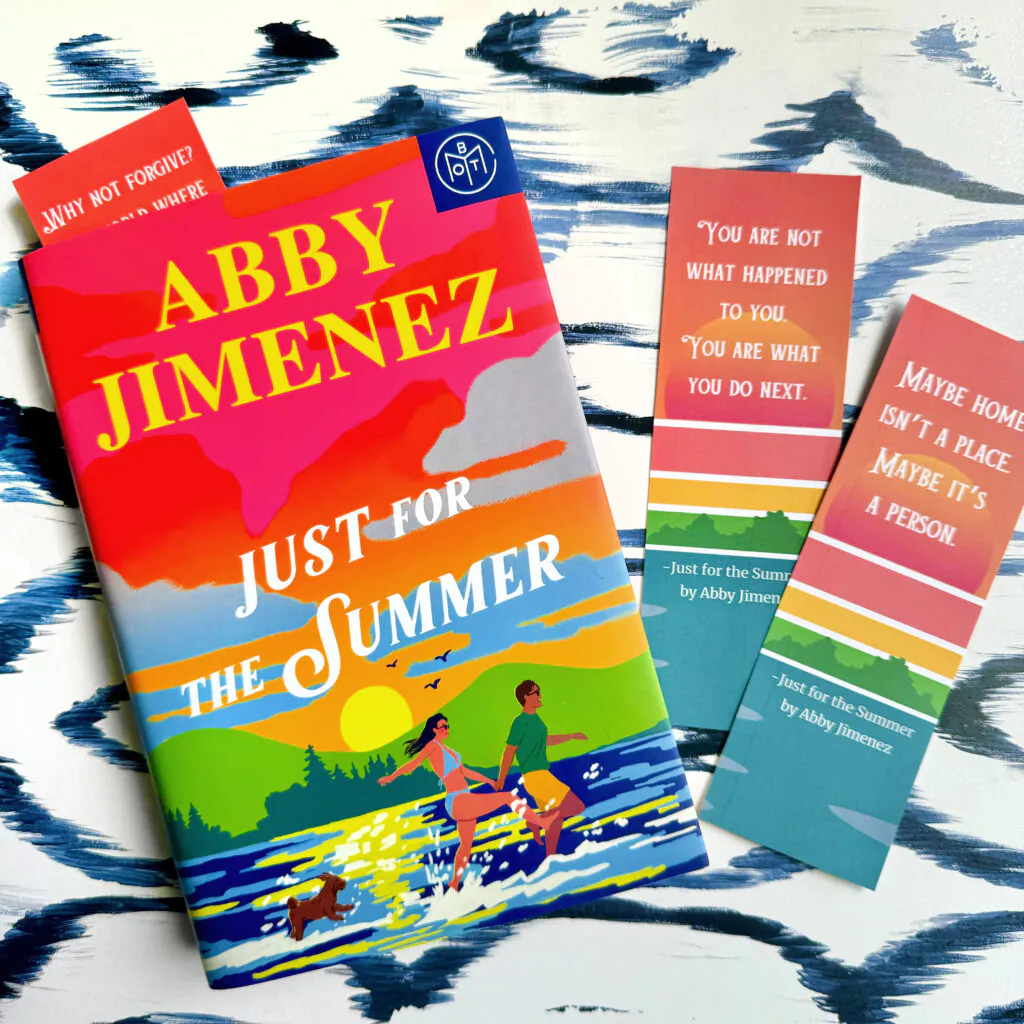 Just for the Summer by Abby Jimenez with three custom designed printable bookmarks featuring quotes from the book