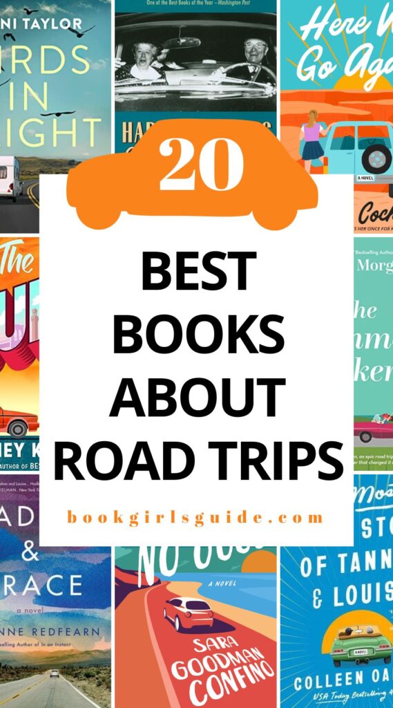Eight book covers around the edges with a white rectangle in the middle and text that reads 20 Best Books About Road Trips